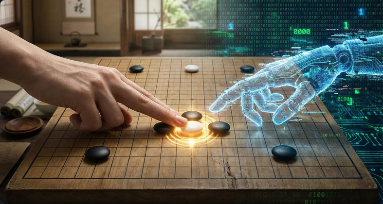 Illustration for the Move78 brand story: a human hand and a digital hand meeting over a Go board