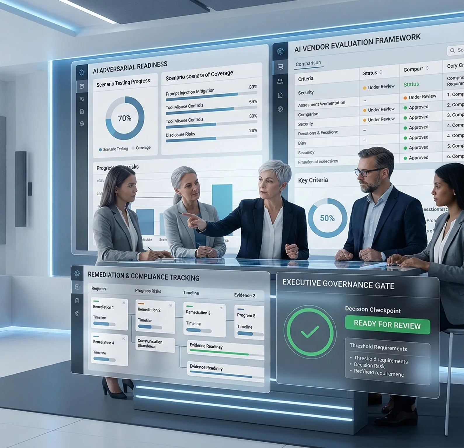 Enterprise AI assurance illustration showing adversarial scenario design, evidence-backed remediation, provider review, and controlled test discipline.