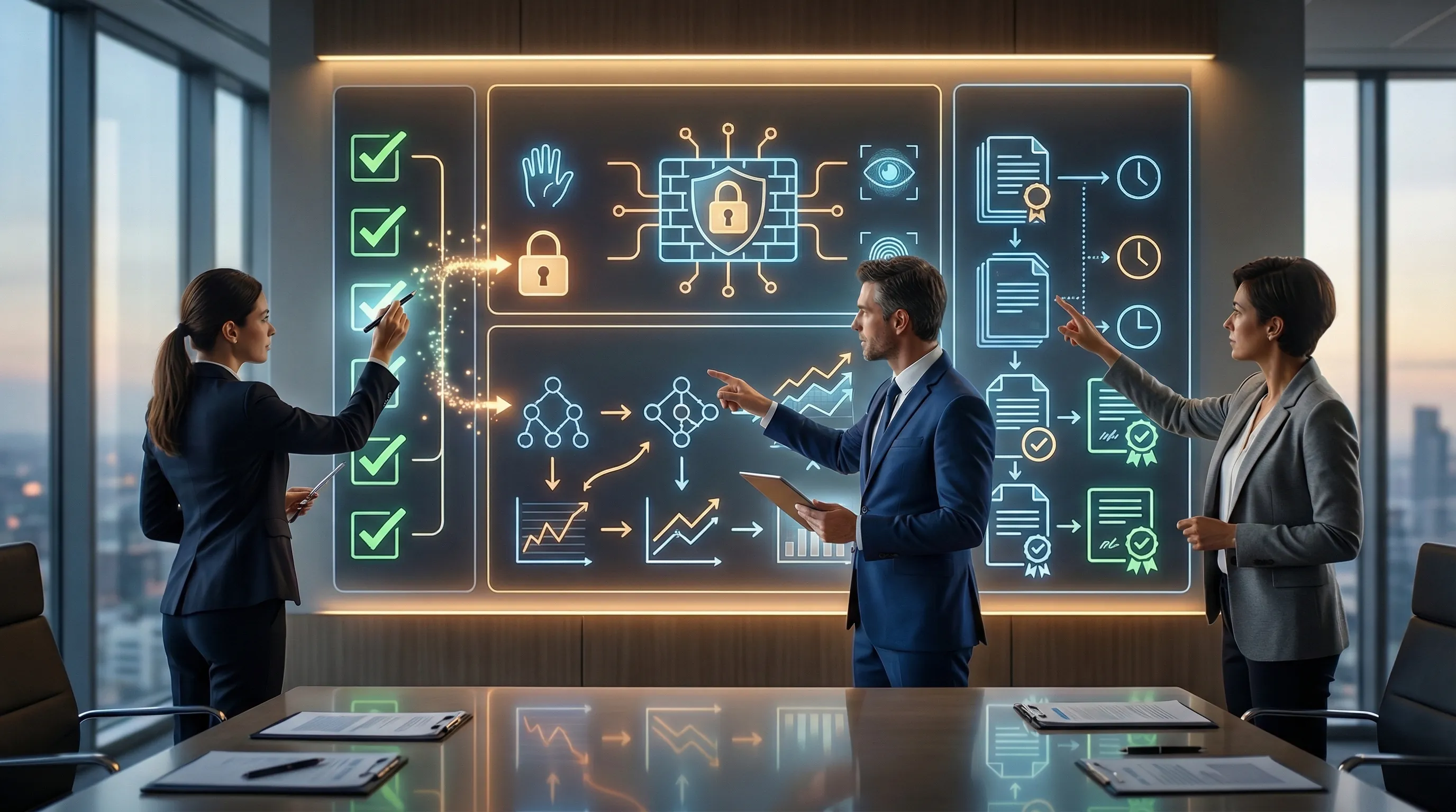 Checklist board showing AI vendor due diligence categories for data security model changes and audit evidence