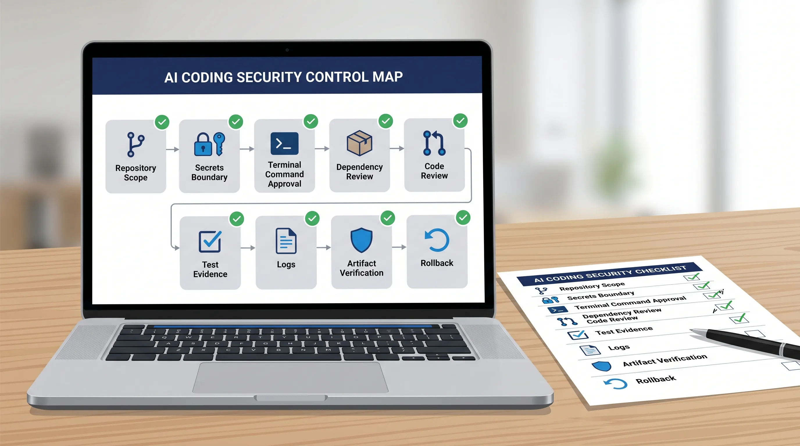 Control map for Antigravity agentic development security showing repository scope, secrets boundary, terminal command approval, dependency review, test evidence, code review, logs, and rollback.
