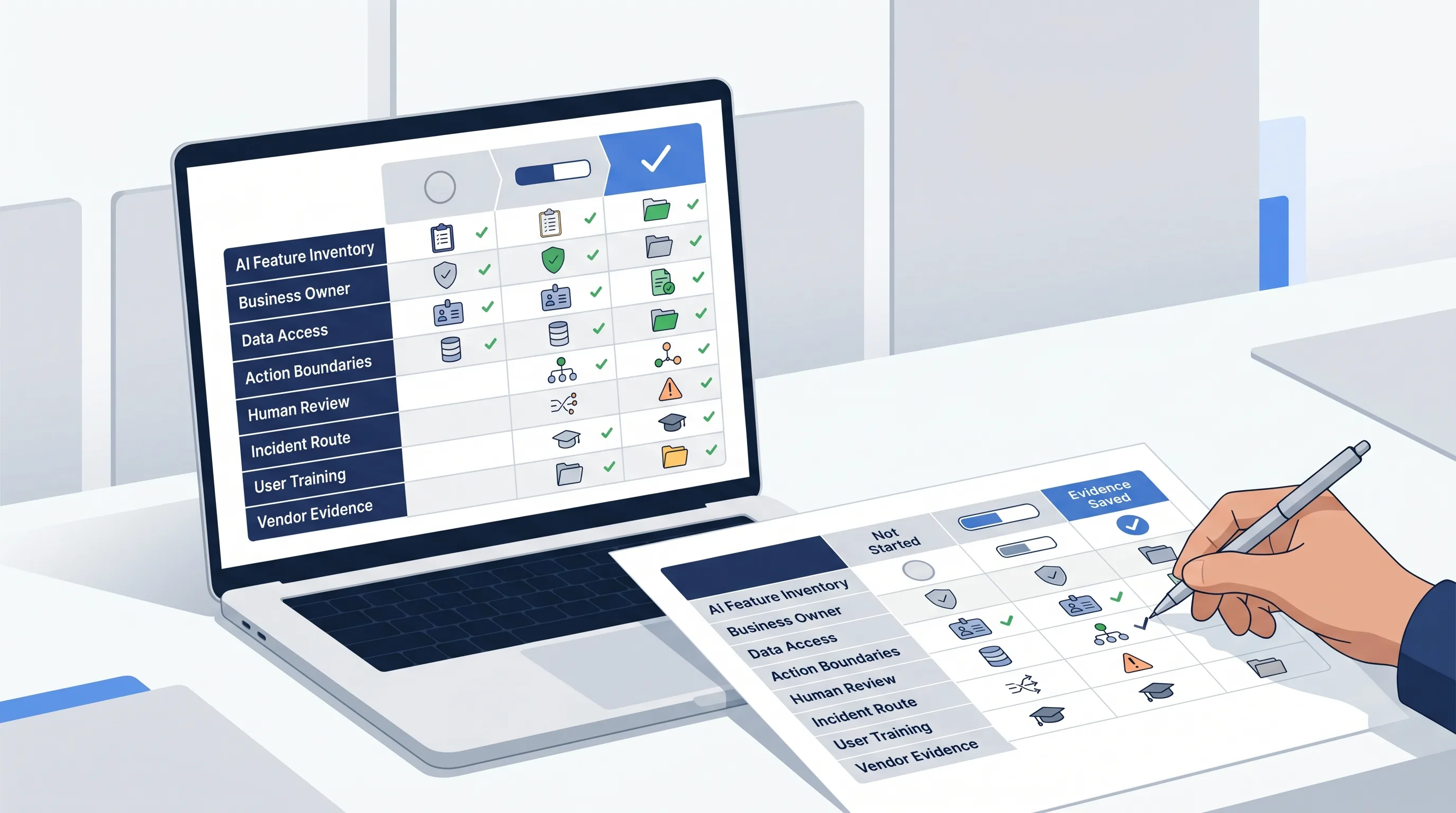 Evidence matrix for Google AI governance readiness showing AI inventory, business owner, data access, action boundaries, human review, incident route, user training, and vendor evidence.