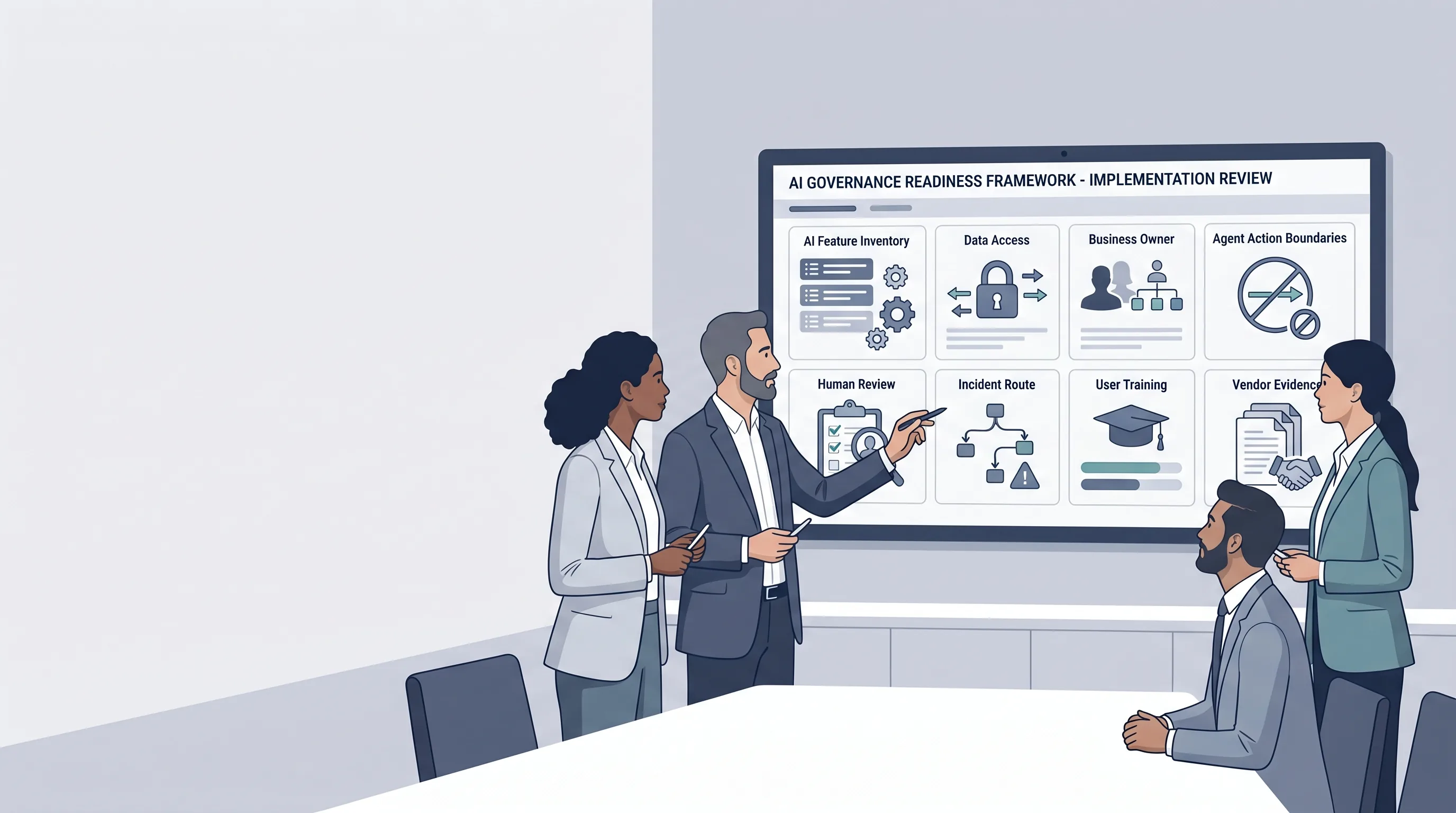 Enterprise team reviewing a Google AI governance readiness dashboard with evidence categories for inventory, data access, owners, agent boundaries, review points, training, and vendor records.