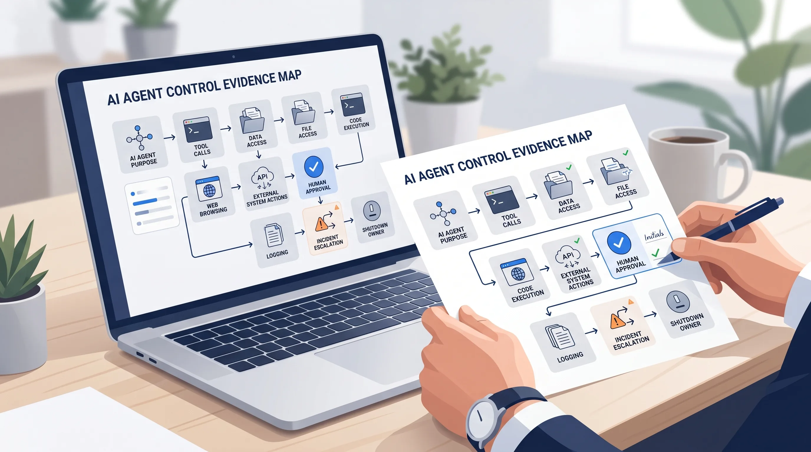 Agent control evidence map showing purpose, tool calls, code execution, file access, web browsing, human approval, logging, and shutdown evidence.