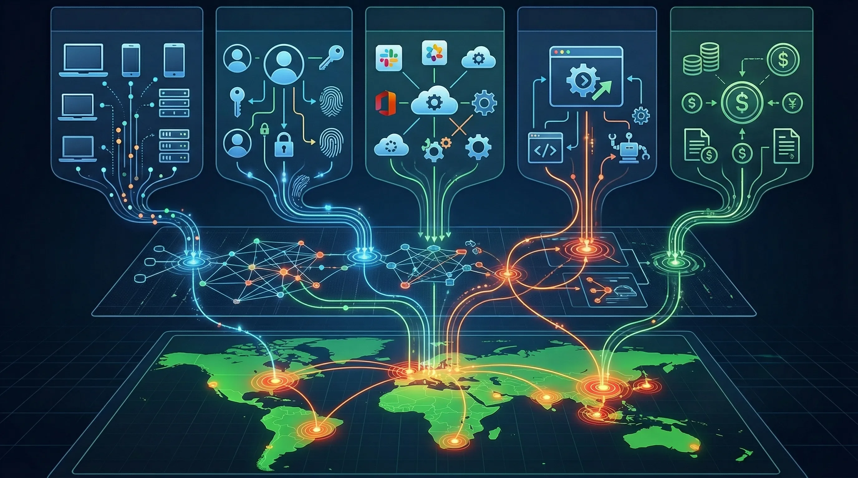 Layered enterprise telemetry map showing endpoints, identities, SaaS connectors, and workflow automations