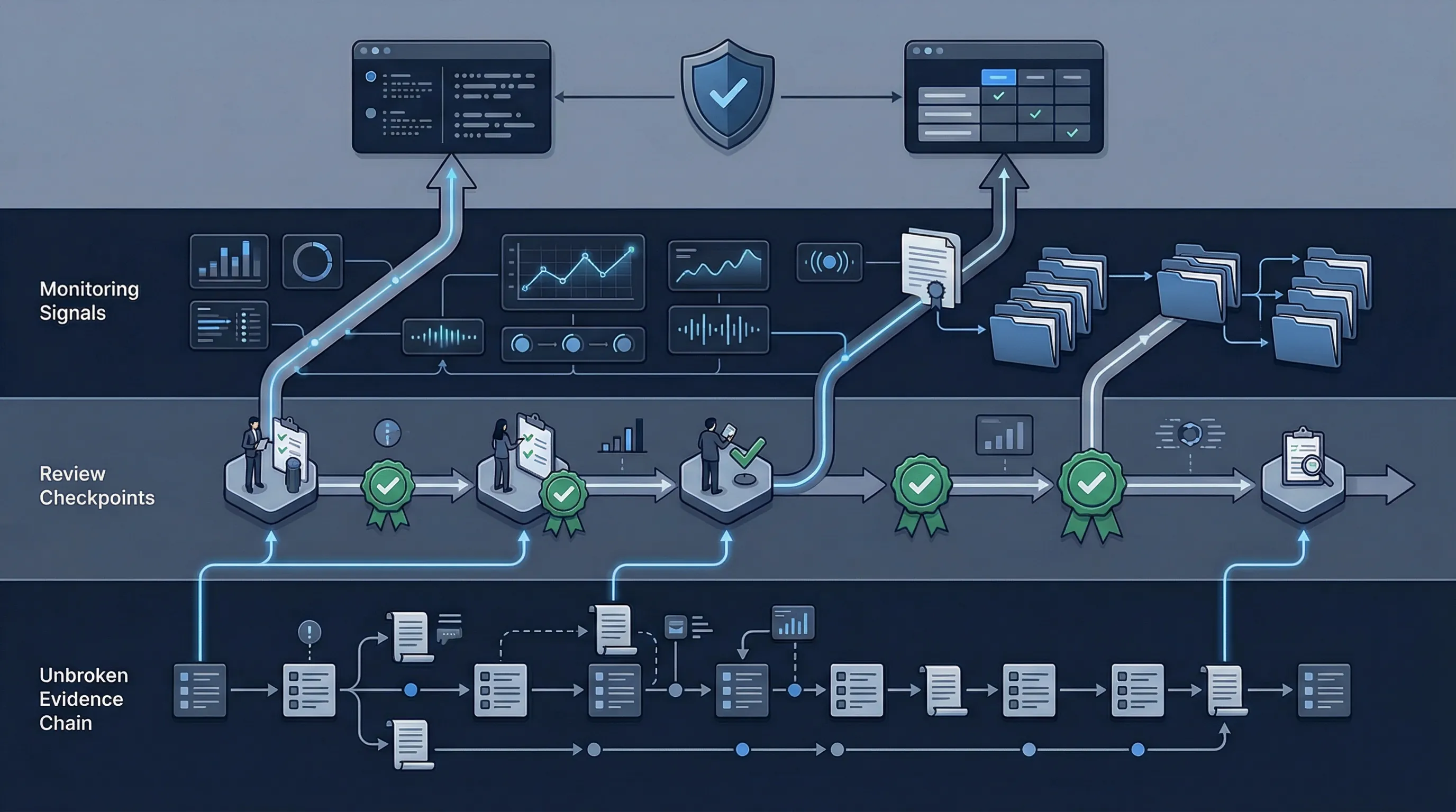 Abstract visual of layered audit workflow, evidence folders, review checkpoints, and escalation paths