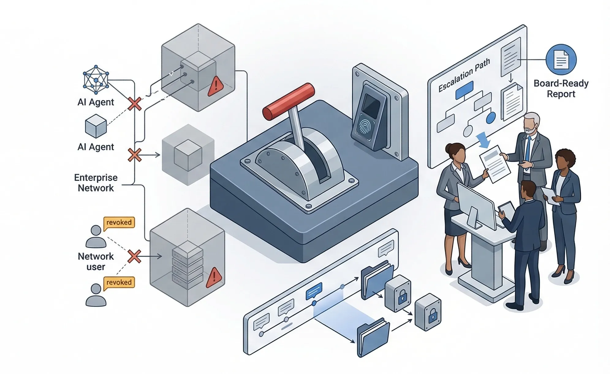 Enterprise agent-containment illustration showing a kill switch, revocation controls, isolated systems, evidence trails, and executive escalation readiness.