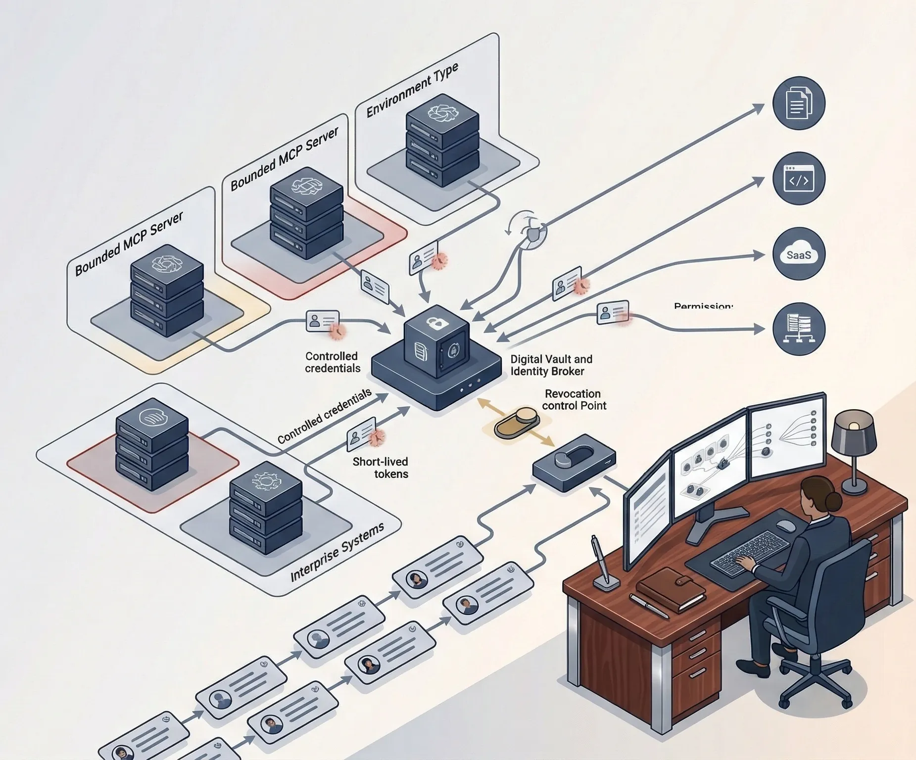 Enterprise MCP credential governance scene showing least privilege scopes, vault-backed secrets, environment separation, revocation controls, and attributable audit visibility.