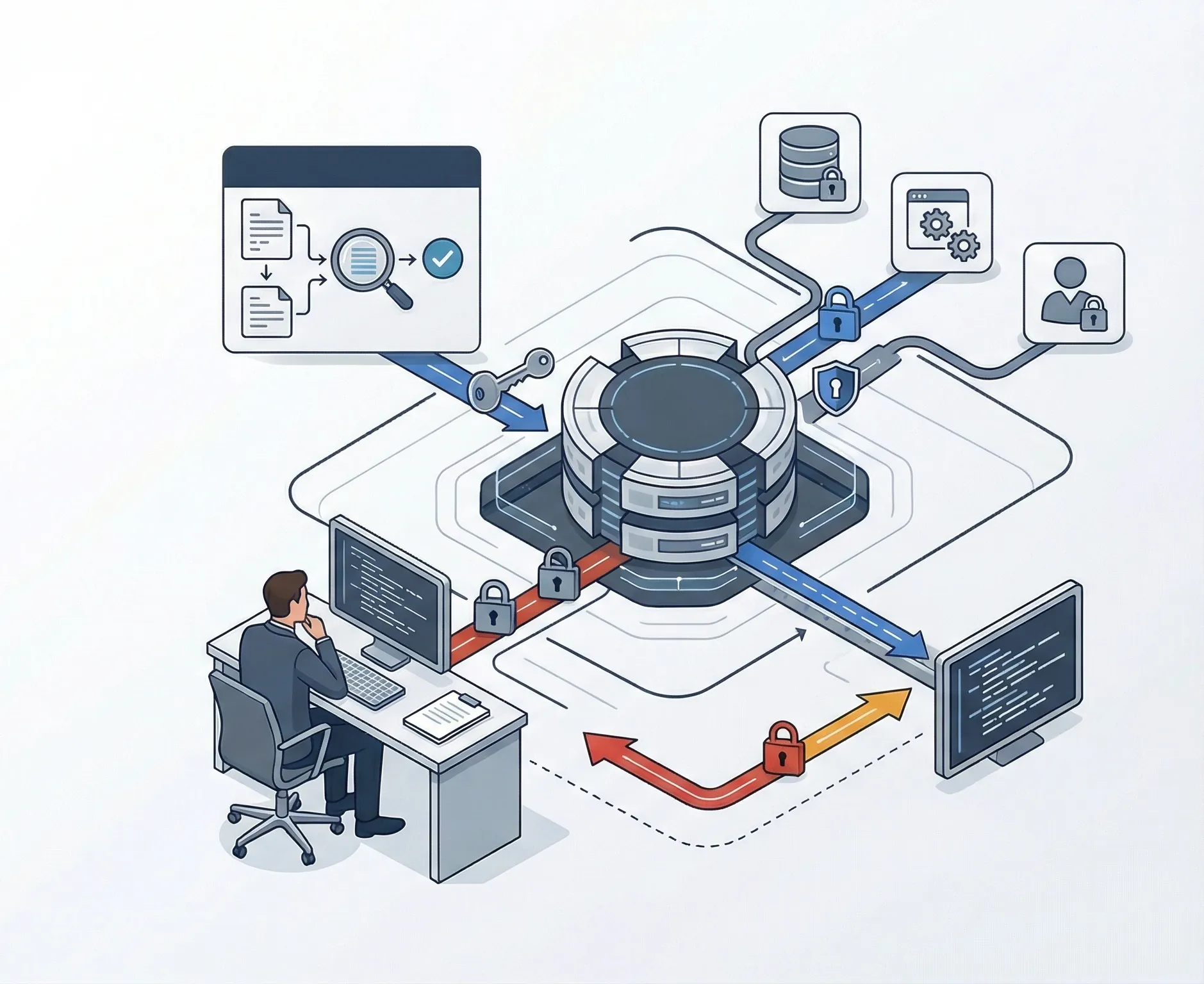Enterprise approval gate for MCP servers showing trust boundary review, authorization checks, logging, credential control, and rollback readiness.