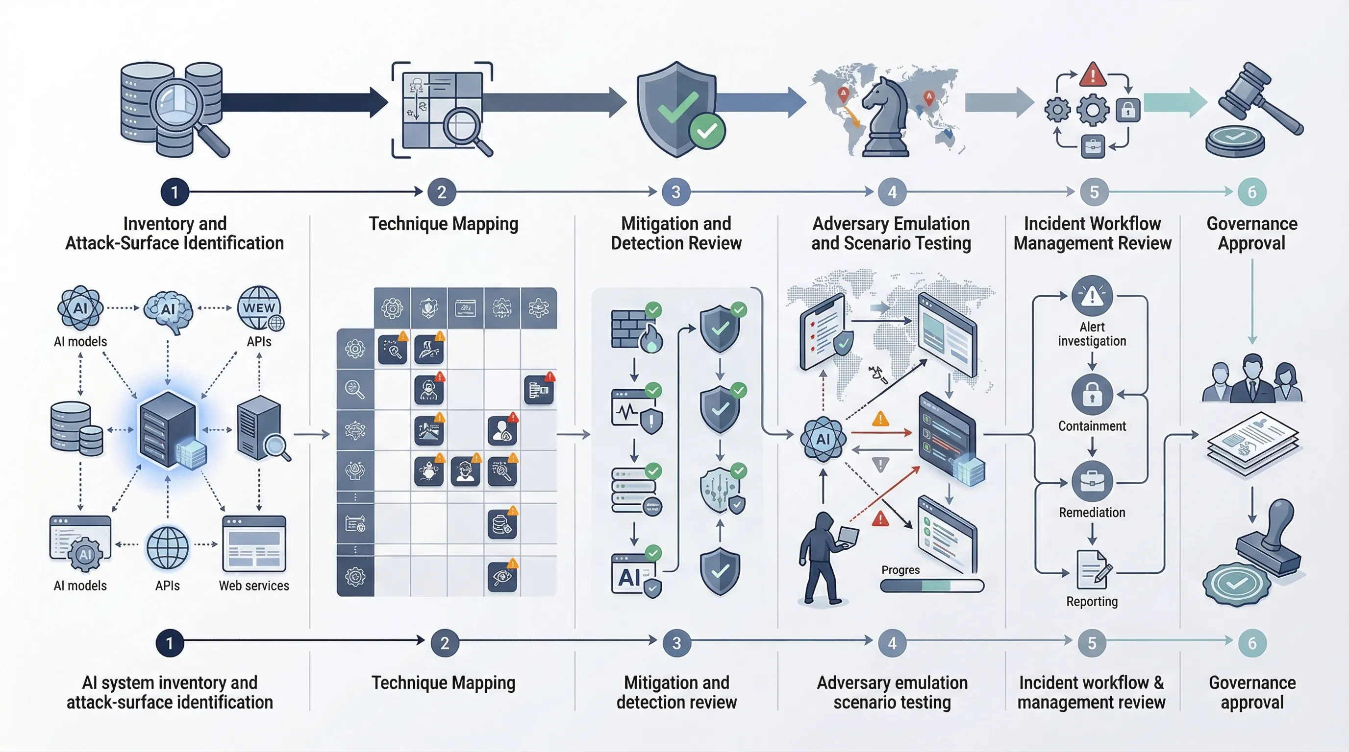 AI security review roadmap showing system inventory technique mapping mitigations detections adversary emulation and incident workflow