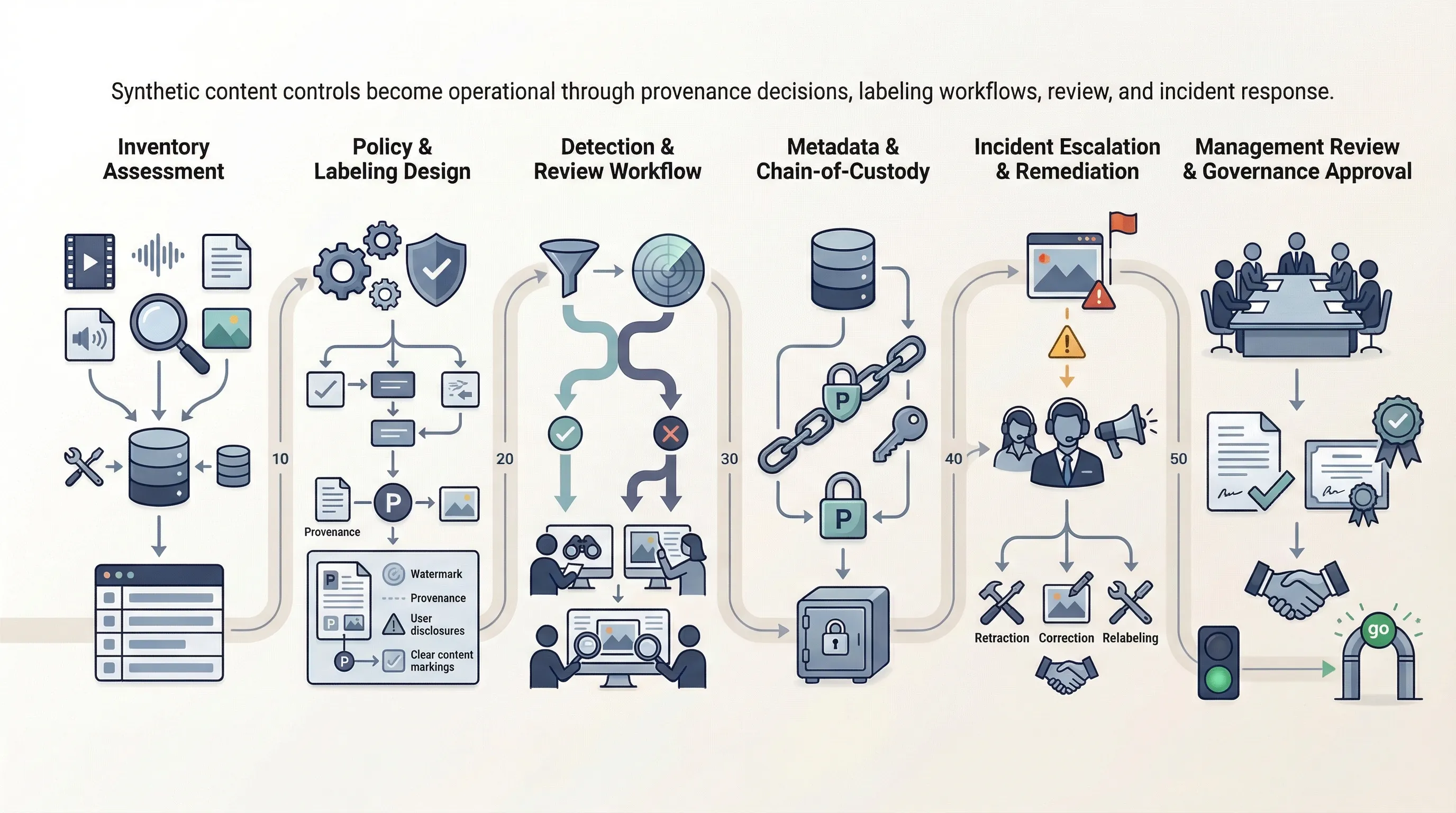 Synthetic content governance roadmap showing provenance decisions labeling workflows detection review and remediation controls
