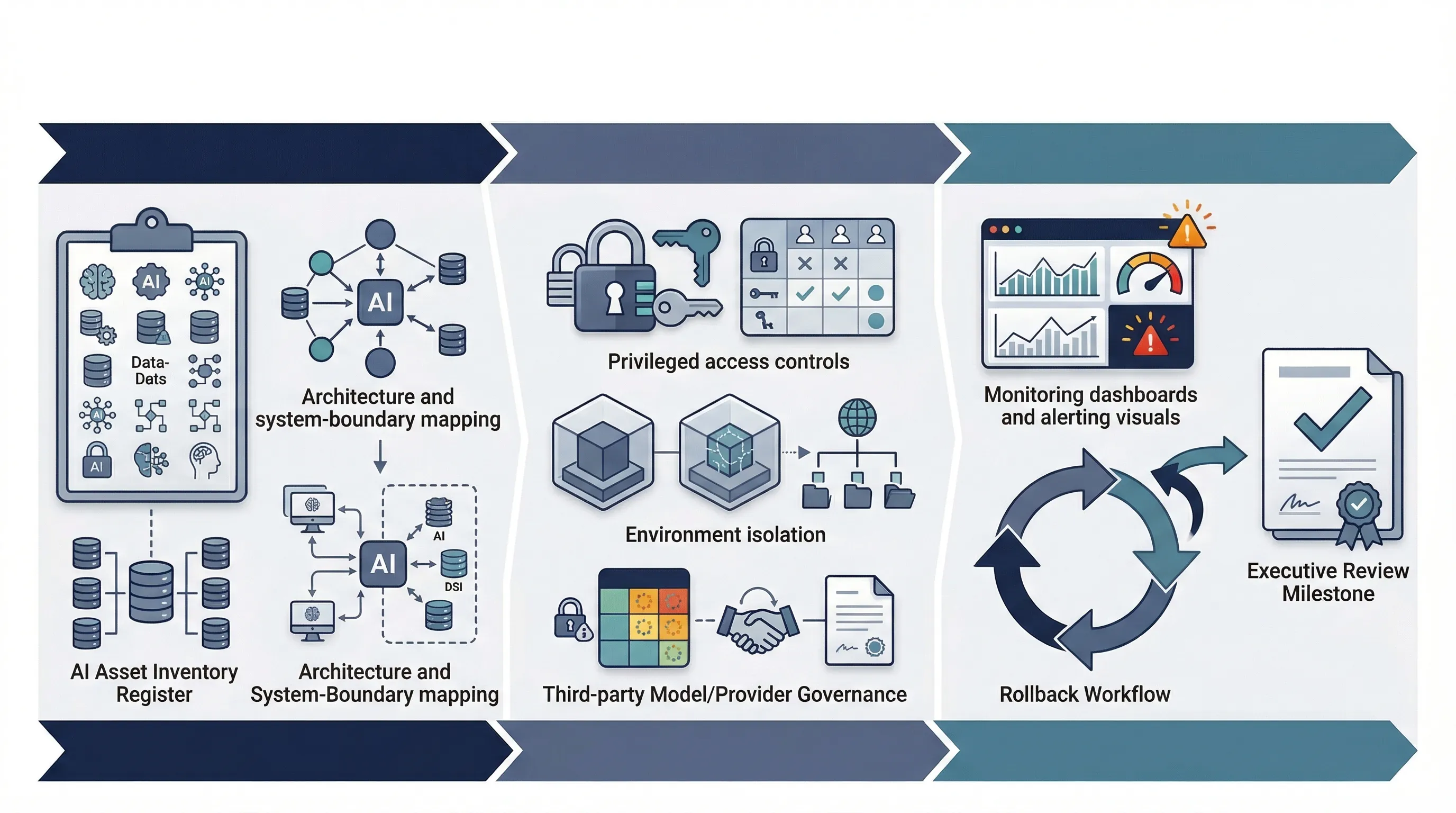 AI security uplift roadmap showing asset inventory access controls monitoring incident response and management review using CSF 2.0 style structure