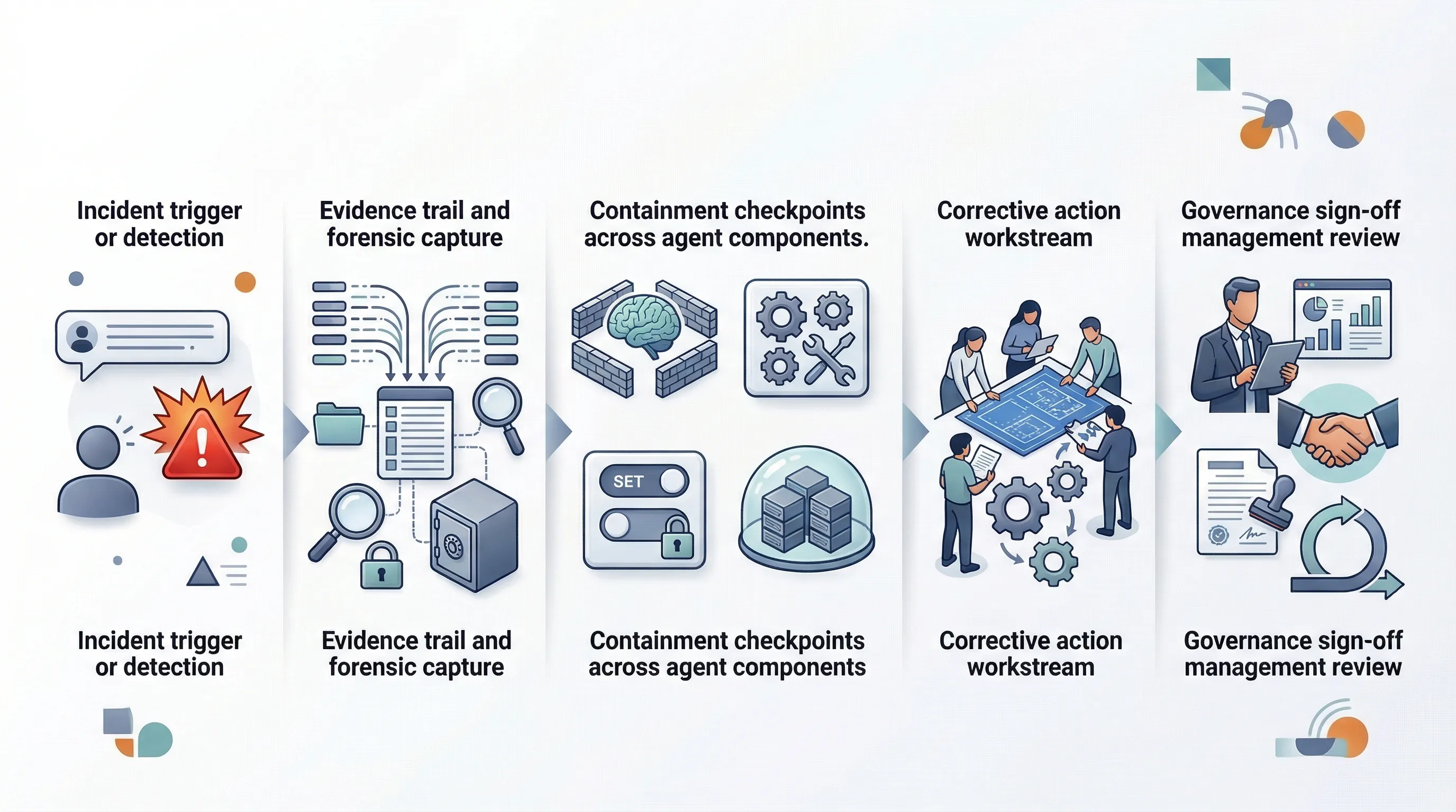 Agentic incident response workflow showing trigger evidence collection containment corrective action and management review