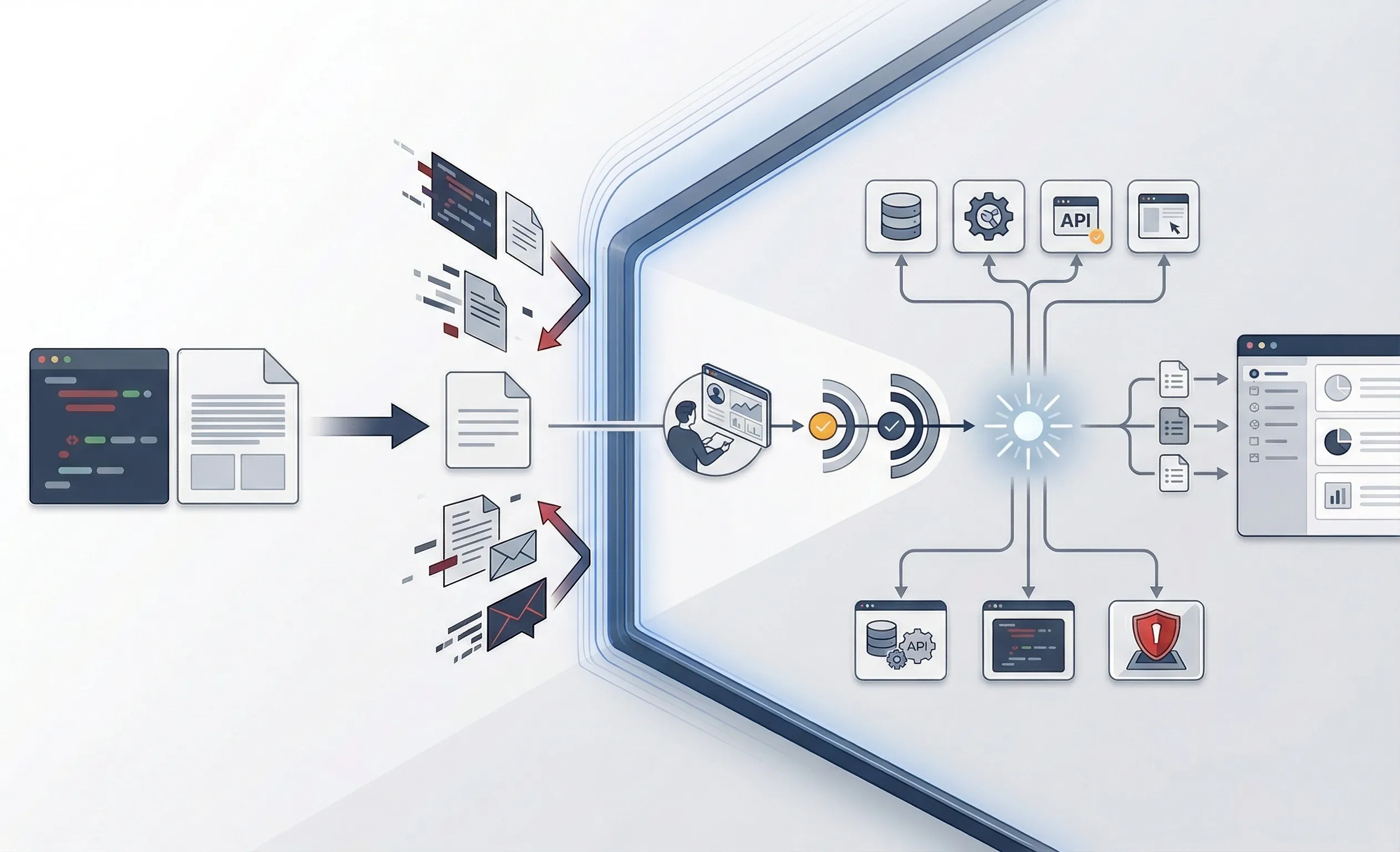 Enterprise AI governance scene focused on prompt injection, tool abuse, controlled autonomy, kill-switch readiness, and executive oversight.