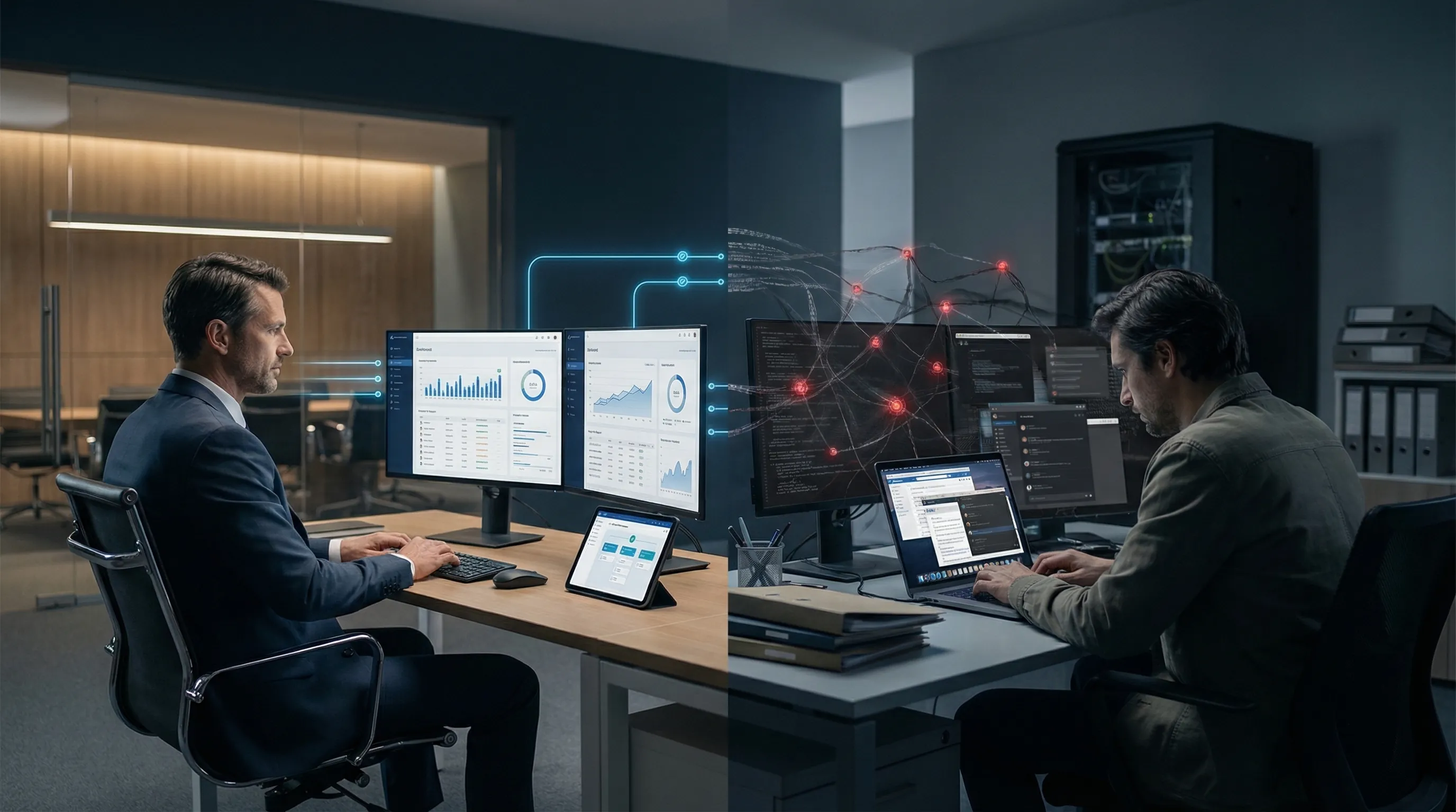 Corporate scene showing approved and hidden AI tool usage across an enterprise environment
