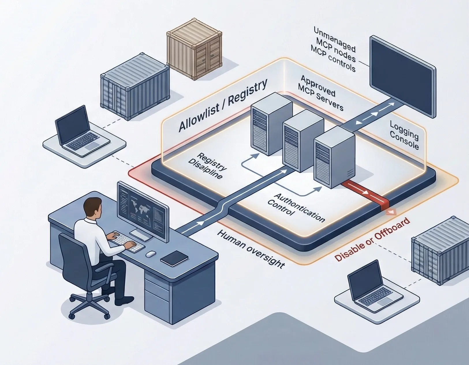 Enterprise scene showing hidden and approved MCP servers across controlled and uncontrolled environments with allowlist, logging, disable controls, and oversight visibility.